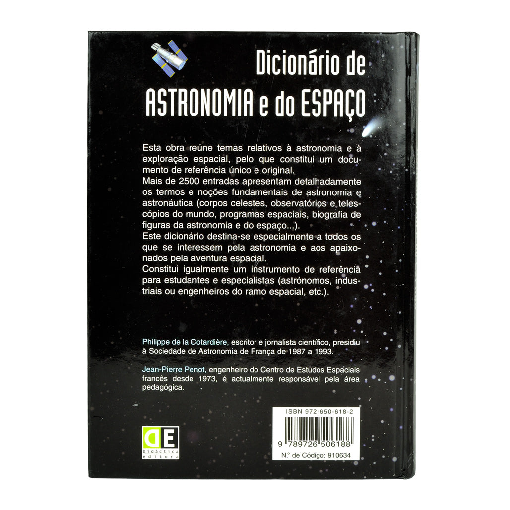 Contracapa preta do livro Dicionário de Astronomia e do Espaço, exibindo o texto de sinopse da obra, código de barras e logótipo da Didáctica Editora.