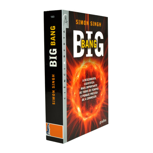Vista em ângulo tridimensional do livro Big Bang, mostrando o design da lombada preta e a espessura do volume da coleção Ciência Aberta.