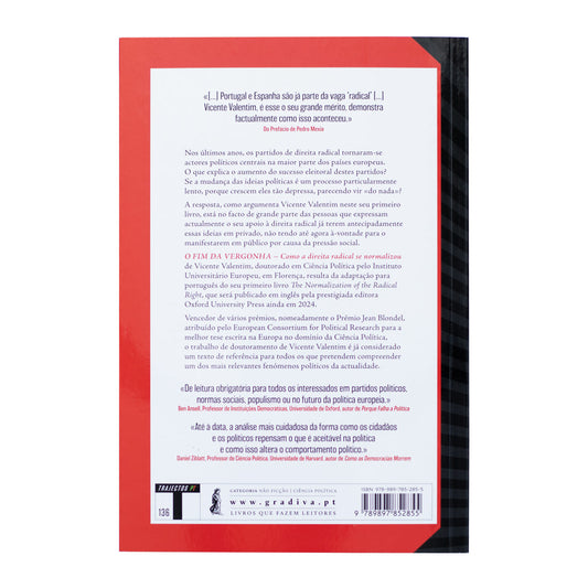 Contracapa do livro "O Fim da Vergonha" mostrando as margens vermelhas e o texto com a sinopse crítica sobre a normalização da direita radical.