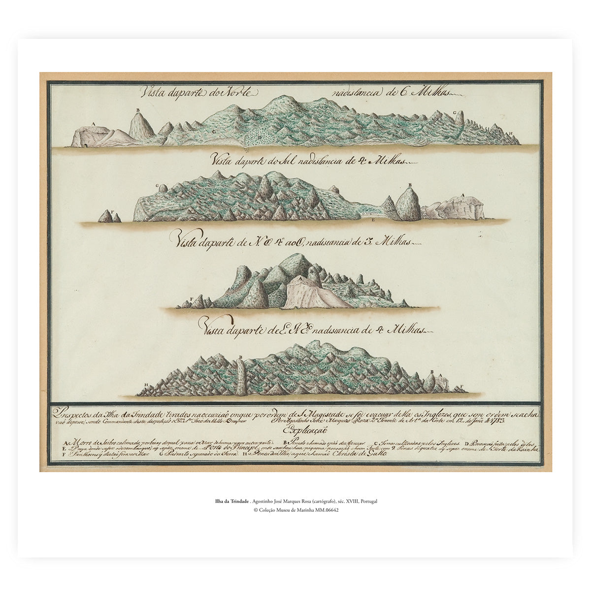 Reprodução de a carta oficial do século dezoito com os perfis de costa ilustrados da Ilha da Trindade, do acervo do Museu de Marinha.
