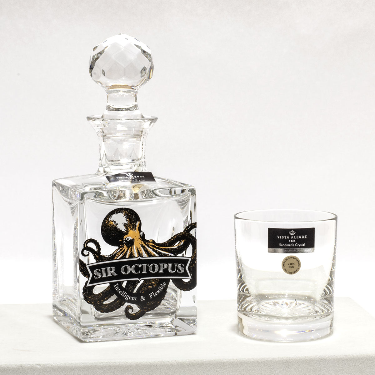 Frasco e copo de whisky em cristal lapidado coleção Sirs of the Sea Sir Octopus.