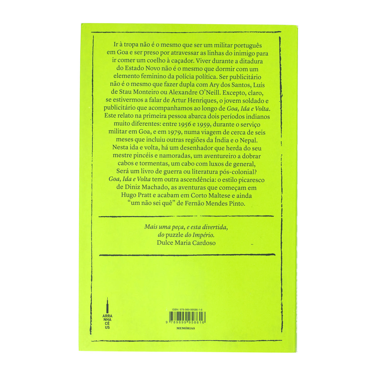 Contracapa do livro "Goa Ida e Volta" em fundo verde-alface brilhante, exibindo a sinopse da obra e o logótipo da editora.