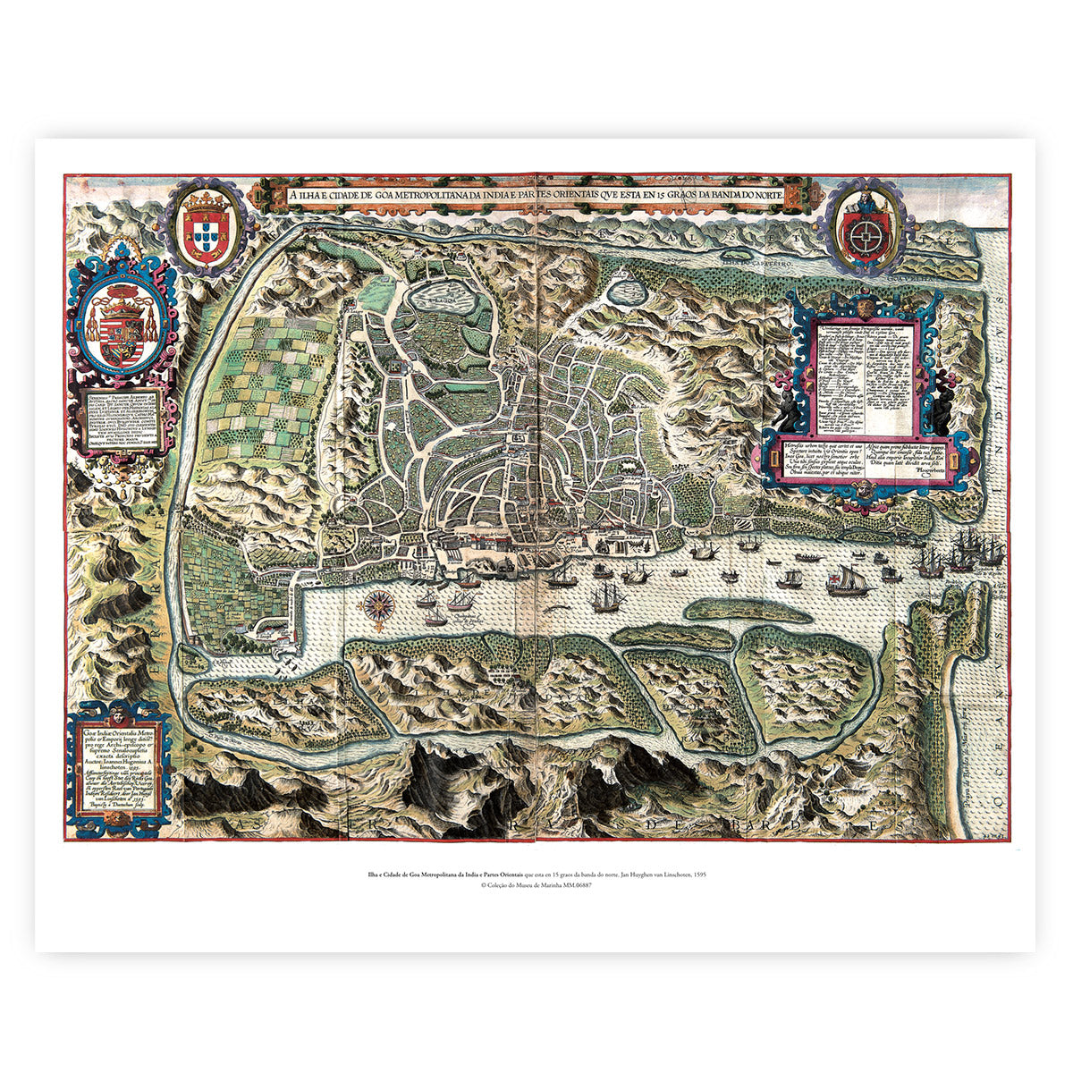 Reprodução em impressão giclée do mapa histórico de Goa de 1595 por Jan Huyghen van Linschoten, mostrando a ilha e a cidade metropolitana com ilustrações detalhadas de caravelas e galeões.