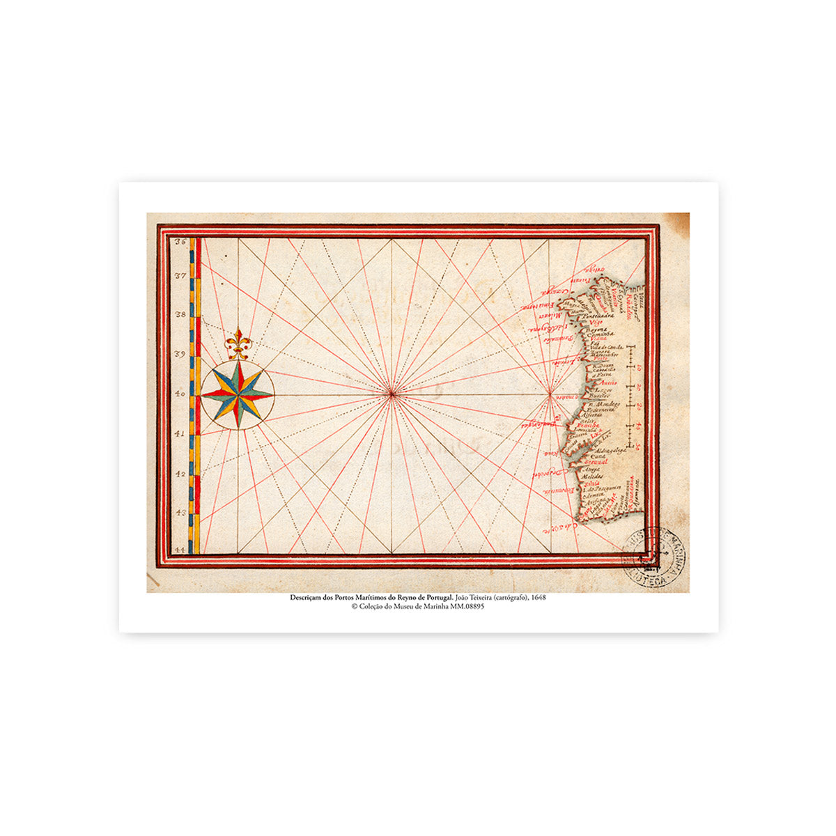 Reprodução do mapa de Portugal de 1648 por João Teixeira, exibindo a linha de costa portuguesa com traçados antigos e uma rosa-dos-ventos colorida à esquerda.