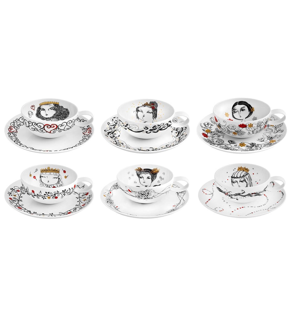 Conjunto de 6 chávenas de chá em porcelana Vista Alegre coleção Rainhas de Portugal.