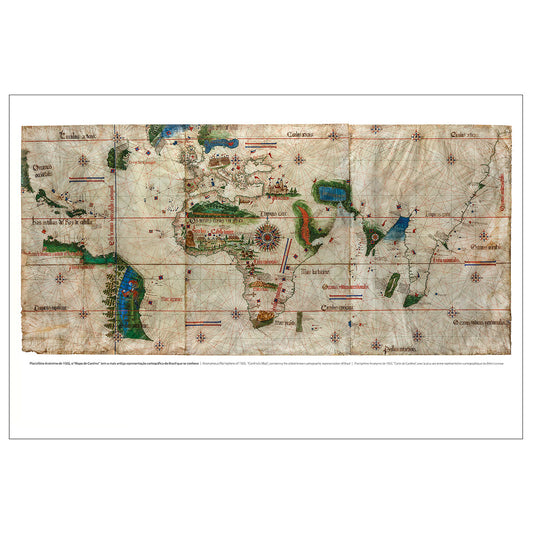 Poster do Planisfério de Cantino de 1502 em versão económica de impressão offset, apresentado ao lado do seu tubo de cartão rígido de proteção.