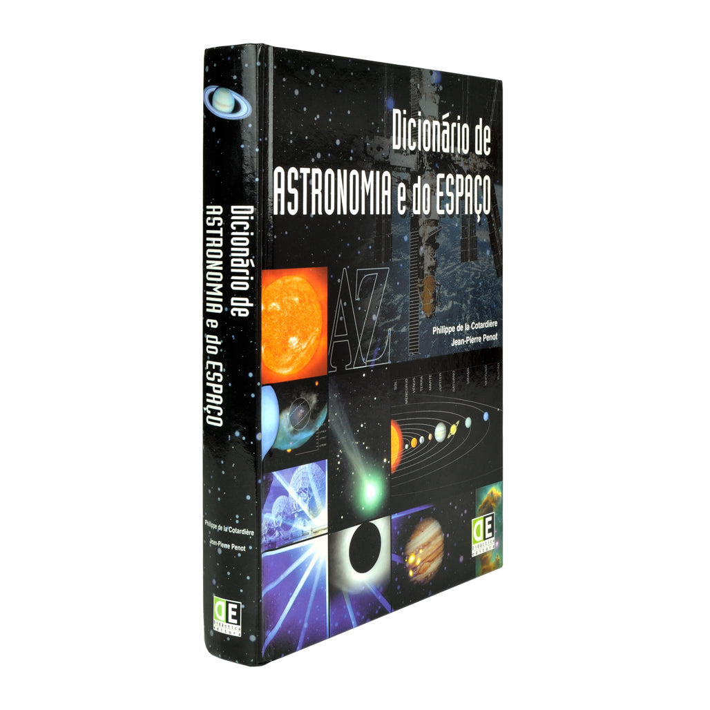 Vista em ângulo do livro Dicionário de Astronomia e do Espaço, mostrando a espessura da lombada preta e o design da capa de cariz científico.
