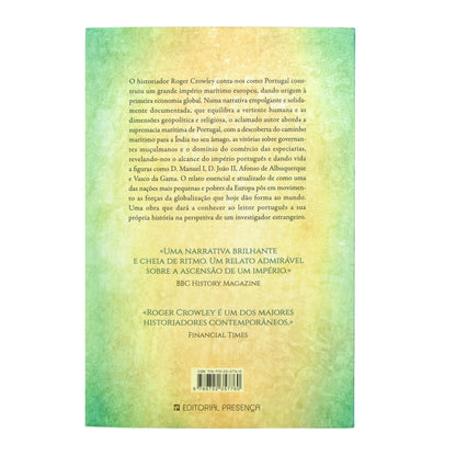 Capa do livro Conquistadores, de Roger Crowley - 9ª Edição da Editorial Presença. Imagem com caravela portuguesa e o brasão de armas.