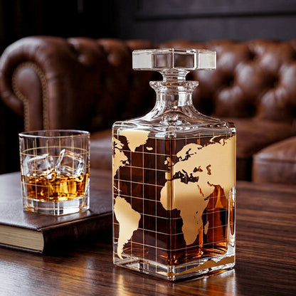 Frasco de cristal Atlas da Vista Alegre com gravura do mapa-mundi ao lado de copo de whisky