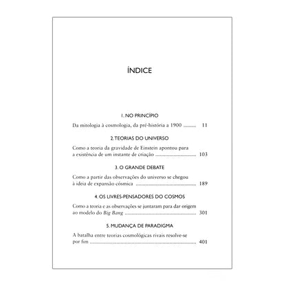 Página interna com o índice detalhado do livro Big Bang, revelando a organização dos capítulos cronológicos sobre a evolução da cosmologia.