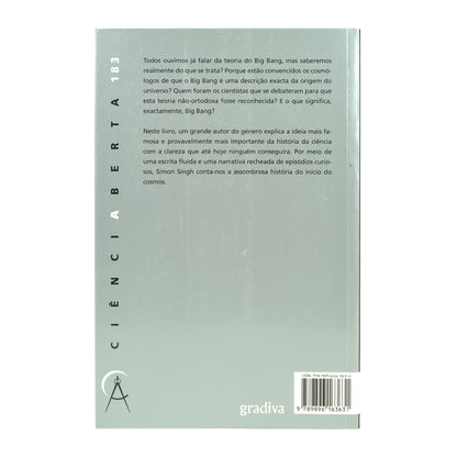 Contracapa em tom verde-claro do livro Big Bang, contendo o texto descritivo da sinopse, a apresentação do autor Simon Singh e o código de barras.
