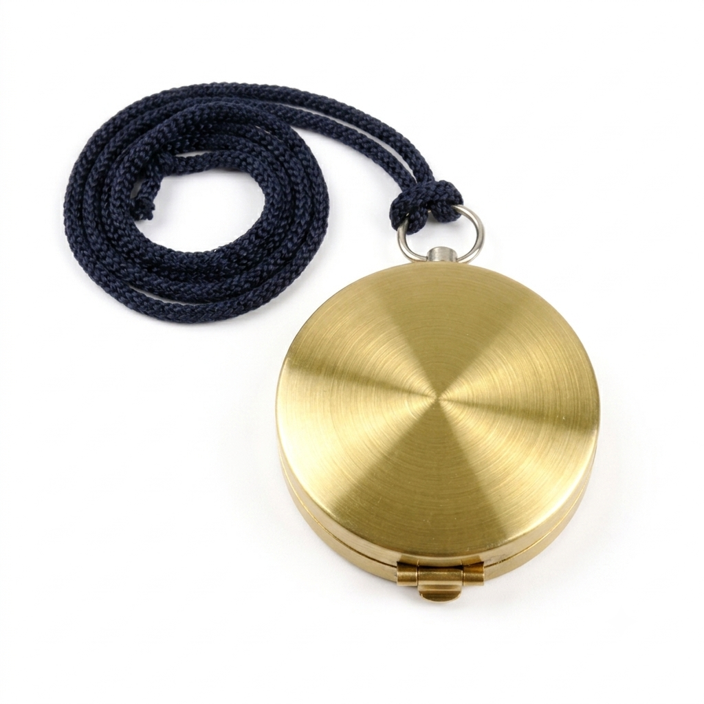Bússola de bolso dourada fechada com cordão azul escuro 