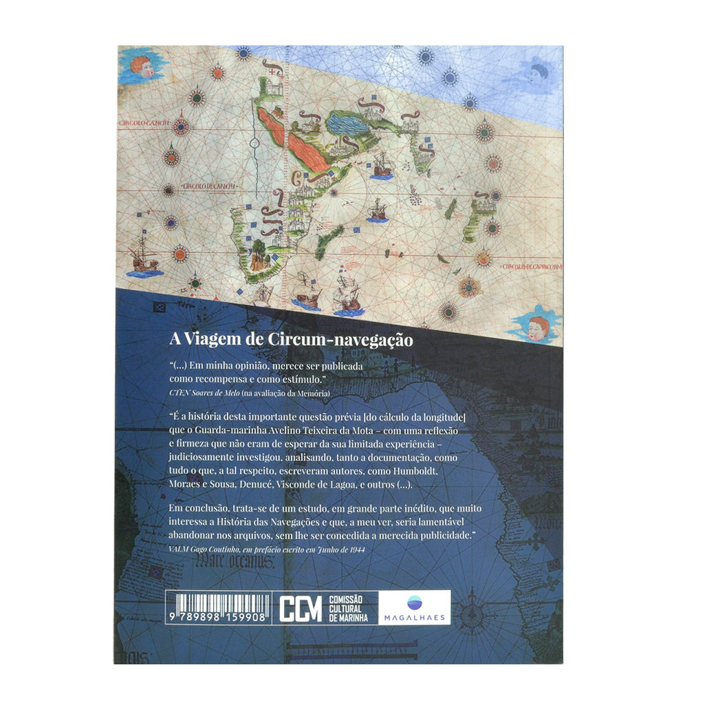 Contra capa do livro A Primeira Viagem de Circum-Navegação, de Avelino Teixeira da Mota, com prefácio de Gago Coutinho. Edição da Comissão Cultural de Marinha.