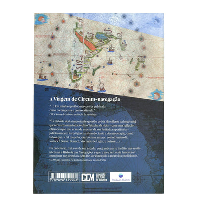 Contra capa do livro A Primeira Viagem de Circum-Navegação, de Avelino Teixeira da Mota, com prefácio de Gago Coutinho. Edição da Comissão Cultural de Marinha.