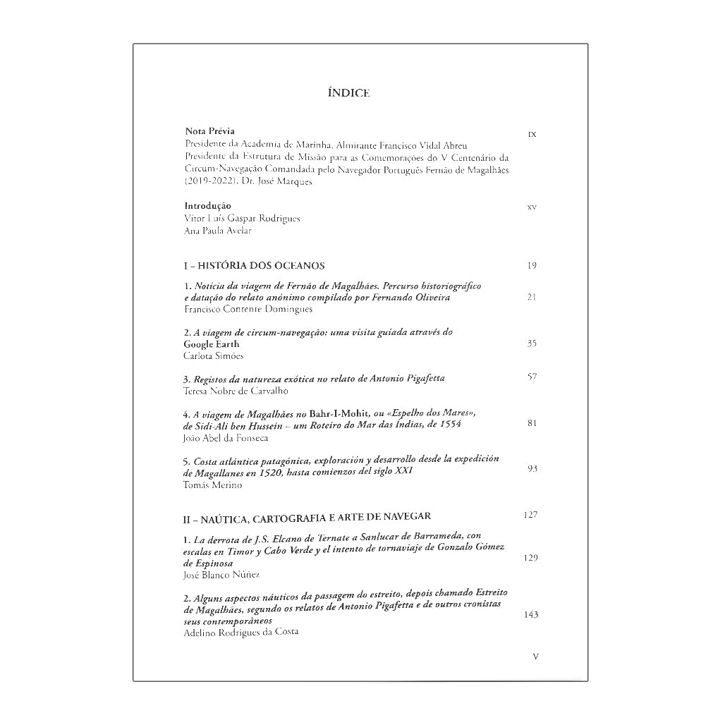 índice do livro Fernão de Magalhães e o Conhecimento dos Oceanos, coordenado por Vítor Gaspar Rodrigues e Ana Paula Avelar. Edição da Academia de Marinha.
