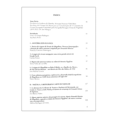 índice do livro Fernão de Magalhães e o Conhecimento dos Oceanos, coordenado por Vítor Gaspar Rodrigues e Ana Paula Avelar. Edição da Academia de Marinha.