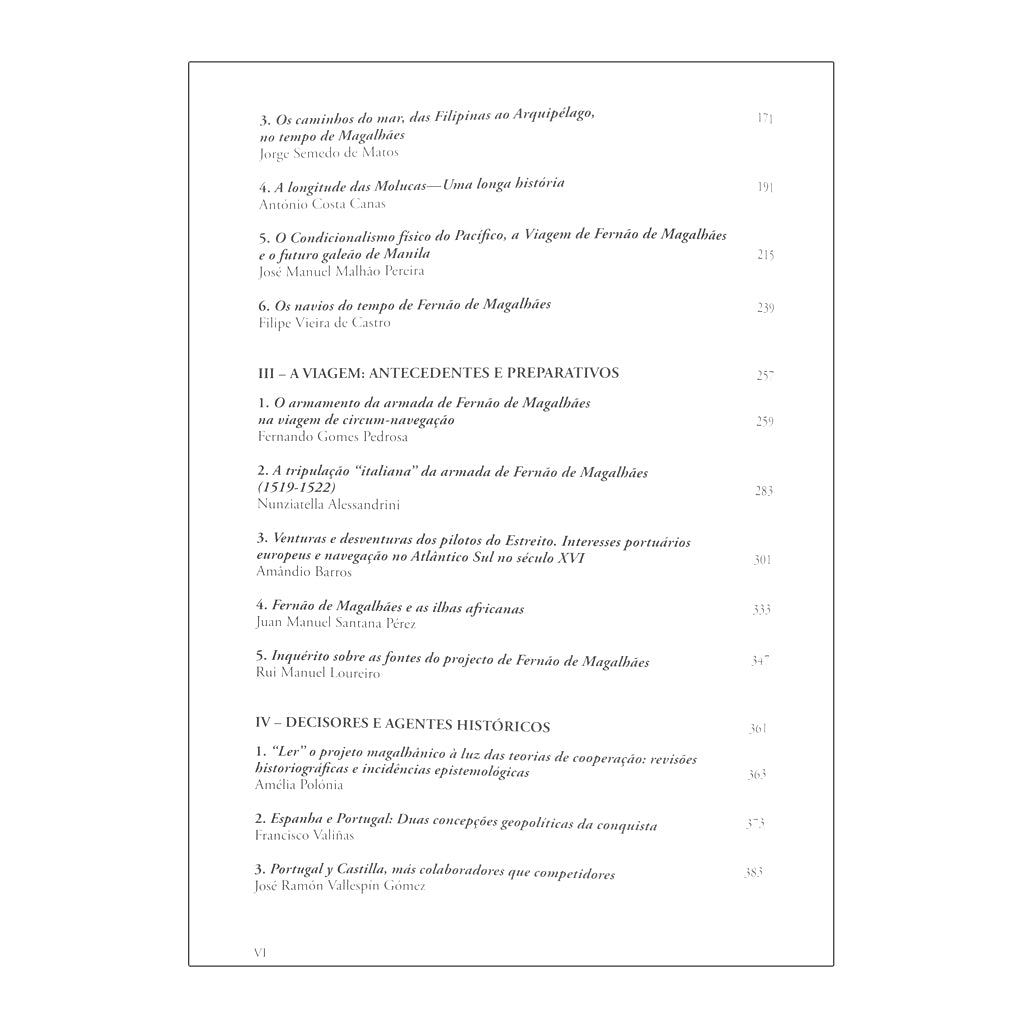 índice do livro Fernão de Magalhães e o Conhecimento dos Oceanos, coordenado por Vítor Gaspar Rodrigues e Ana Paula Avelar. Edição da Academia de Marinha.