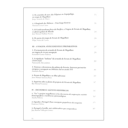 índice do livro Fernão de Magalhães e o Conhecimento dos Oceanos, coordenado por Vítor Gaspar Rodrigues e Ana Paula Avelar. Edição da Academia de Marinha.