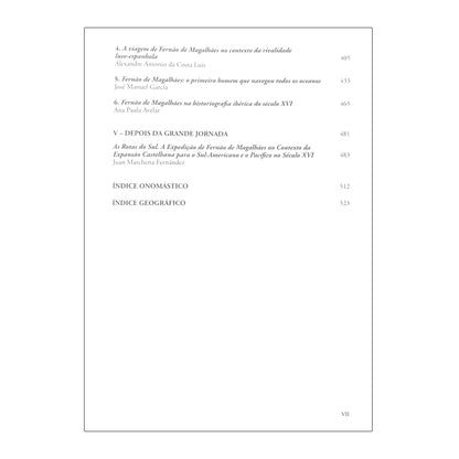 índice do livro Fernão de Magalhães e o Conhecimento dos Oceanos, coordenado por Vítor Gaspar Rodrigues e Ana Paula Avelar. Edição da Academia de Marinha.