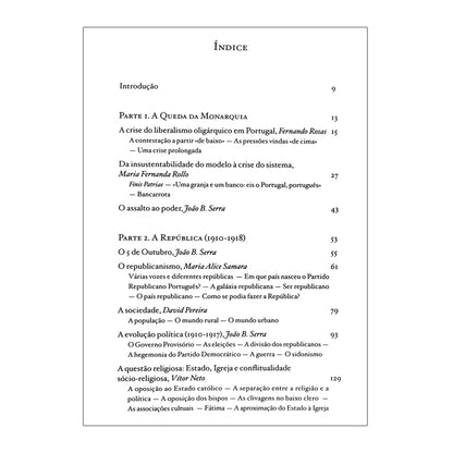 indice do livro sobre a Primeira República Portuguesa, coordenado por Fernando Rosas e Maria Fernanda Rollo. Edição da editora Tinta da China.