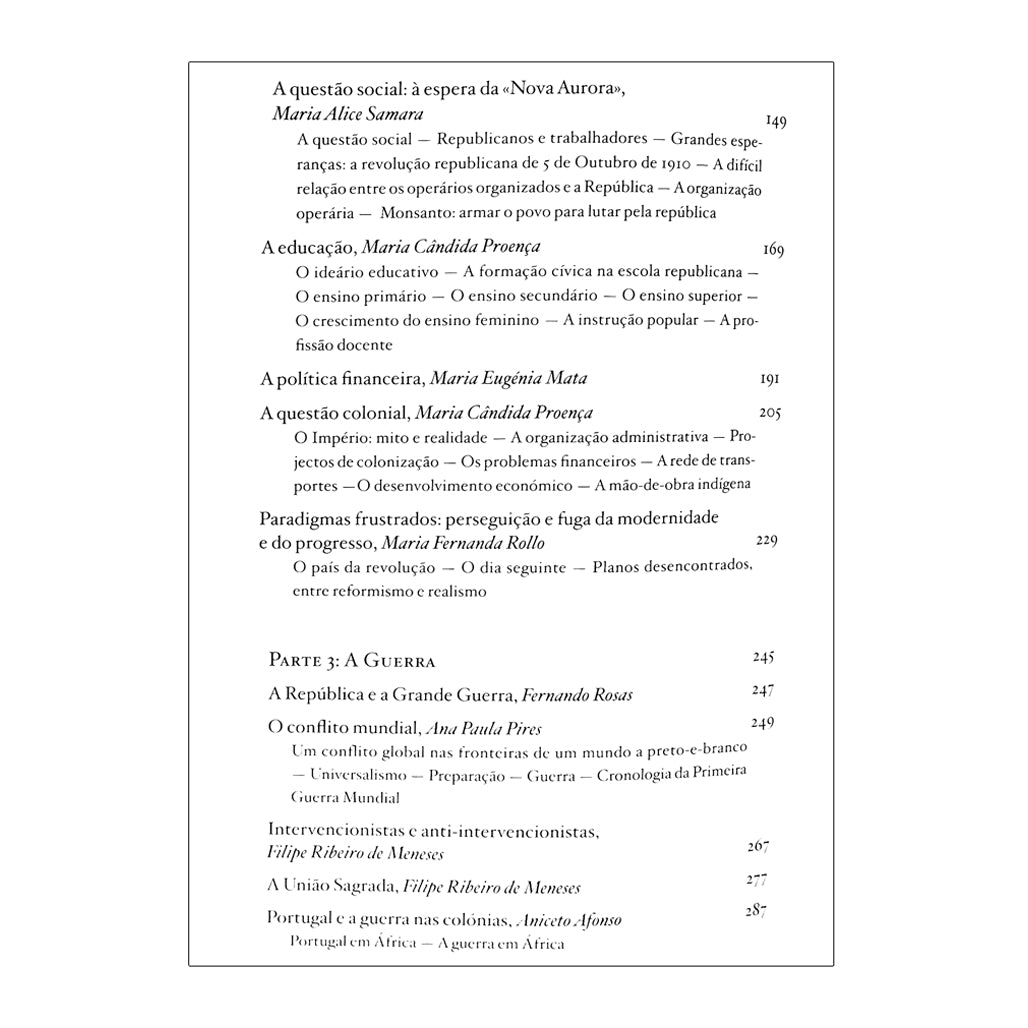 página 2 indice do livro sobre a Primeira República Portuguesa, coordenado por Fernando Rosas e Maria Fernanda Rollo. Edição da editora Tinta da China.