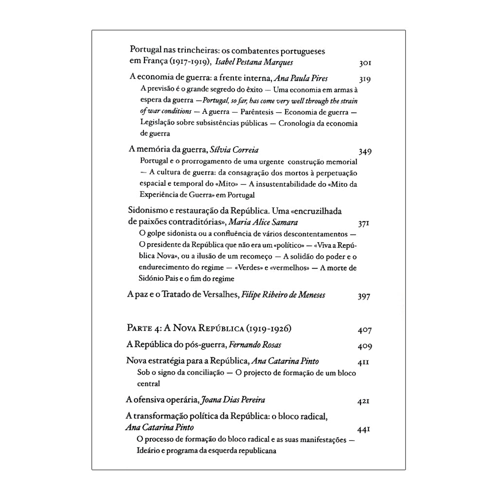 página 3 indice do livro sobre a Primeira República Portuguesa, coordenado por Fernando Rosas e Maria Fernanda Rollo. Edição da editora Tinta da China.
