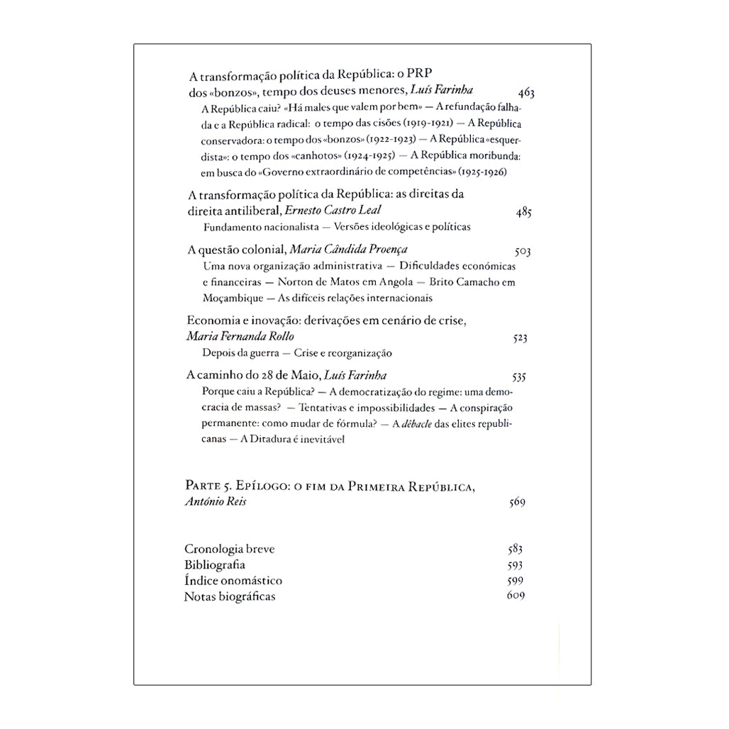 página 4 indice do livro sobre a Primeira República Portuguesa, coordenado por Fernando Rosas e Maria Fernanda Rollo. Edição da editora Tinta da China.