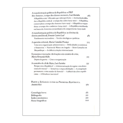 página 4 indice do livro sobre a Primeira República Portuguesa, coordenado por Fernando Rosas e Maria Fernanda Rollo. Edição da editora Tinta da China.