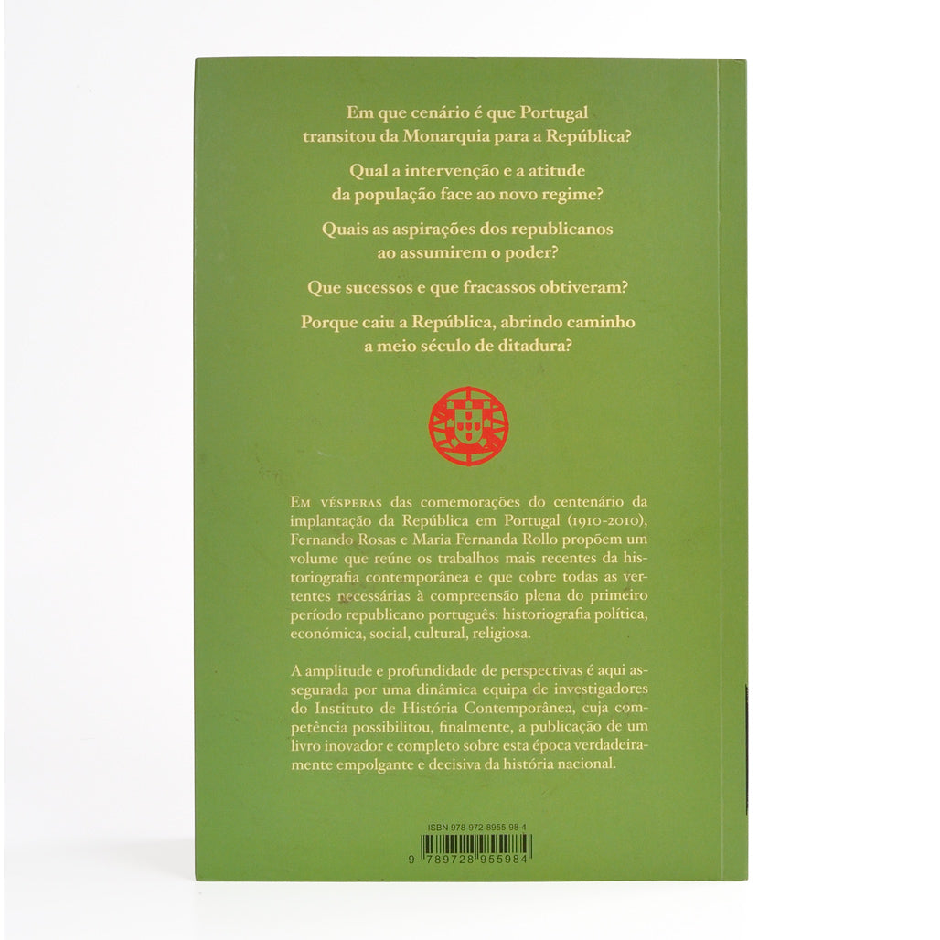 Contracapa do livro sobre a Primeira República Portuguesa, coordenado por Fernando Rosas e Maria Fernanda Rollo. Edição da editora Tinta da China.