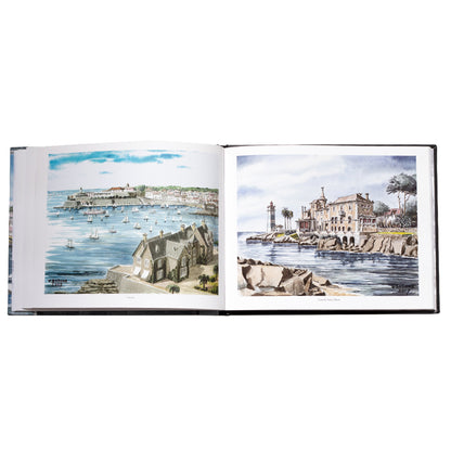 Interior do livro aberto mostrando as ilustrações em aguarela de paisagens marítimas e barcos à vela de Vasco D’Orey Bobone.