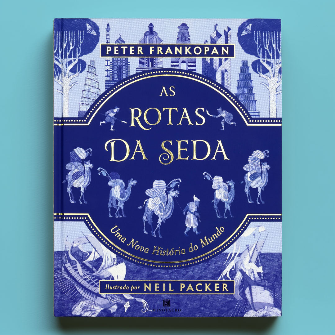 Capa do livro infantil As Rotas da Seda de Peter Frankopan, edição ilustrada da Minotauro, em exibição na loja do Museu de Marinha.