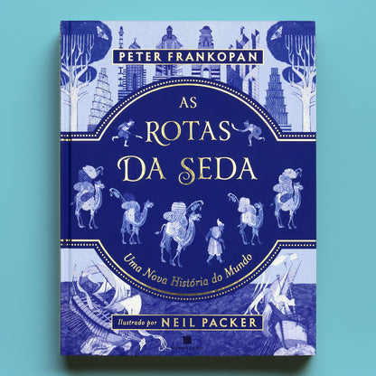 Capa do livro infantil As Rotas da Seda de Peter Frankopan, edição ilustrada da Minotauro, em exibição na loja do Museu de Marinha.