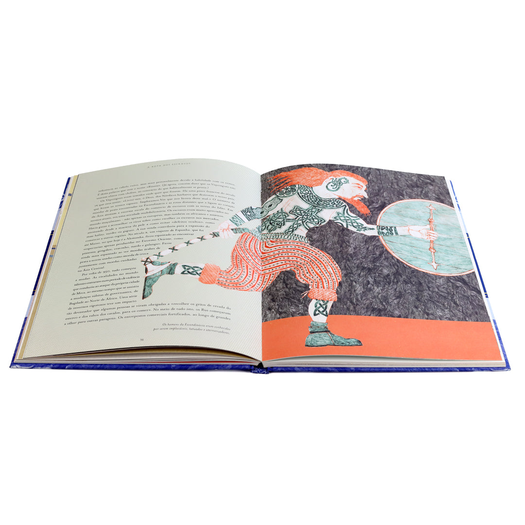 Páginas interiores ilustradas do livro juvenil As Rotas da Seda, mostrando mapas históricos e detalhes coloridos sobre o comércio e grandes viagens.