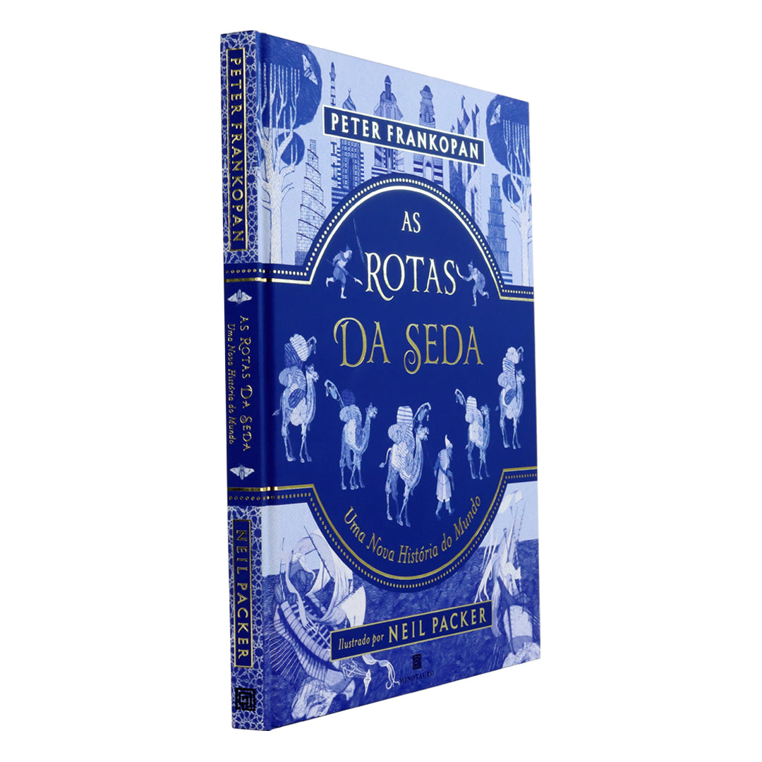 Capa do livro infantil As Rotas da Seda de Peter Frankopan, edição ilustrada da Minotauro, em exibição na loja do Museu de Marinha.