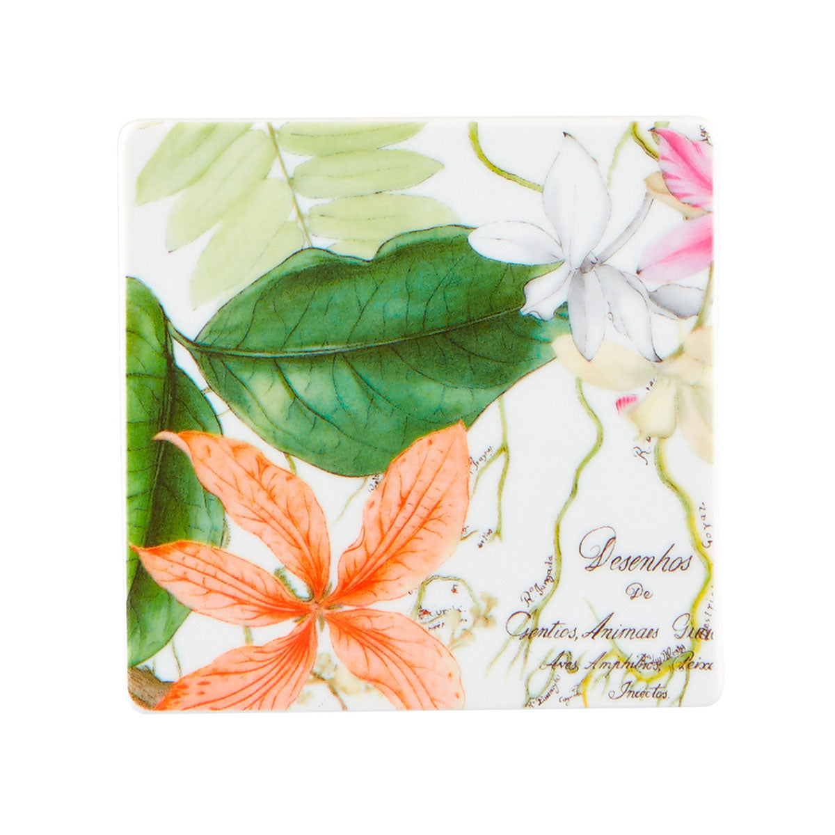 Base para copos em porcelana Vista Alegre Amazónia com flor laranja e detalhes cartográficos.