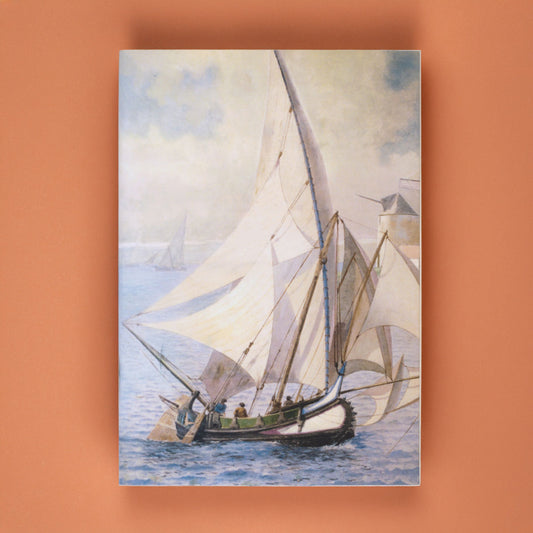 capa do caderno de notas exclusivo João Vaz com reprodução de pintura a óleo da embarcação Muleta do Seixal, edição oficial do Museu de Marinha
