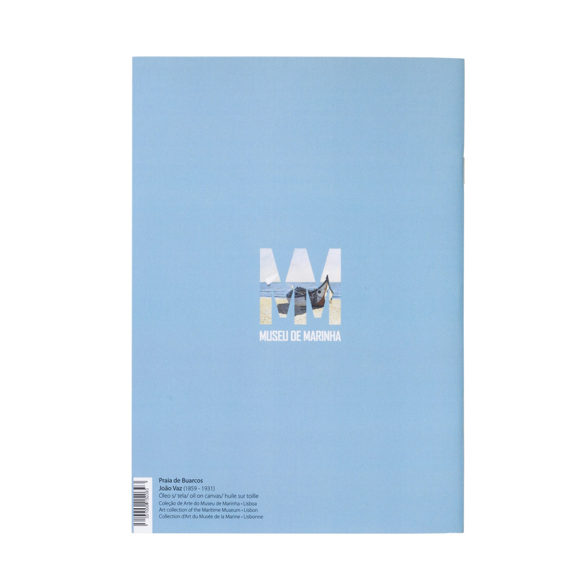 Contra capa de caderno de notas João Vaz do Museu de Marinha ilustrado com pinturas de barcos tradicionais e pescadores portugueses.