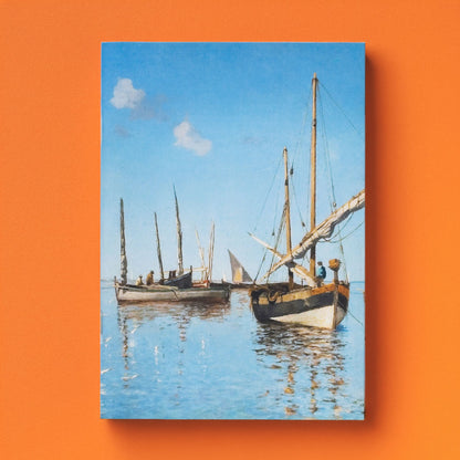 Detalhe da capa do caderno de notas exclusivo João Vaz com reprodução de pintura a óleo de barcos de pesca na costa portuguesa, edição oficial do Museu de Marinha.