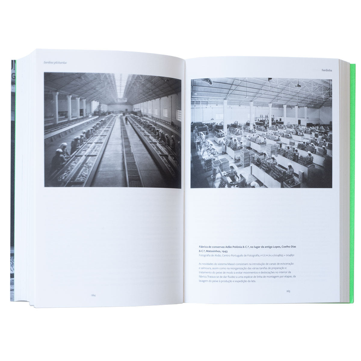 Interior do livro aberto com fotografias históricas de arquivo a preto e branco mostrando frotas de pesca e instalações industriais.