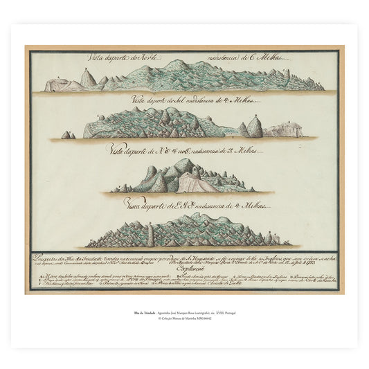 Reprodução de a carta oficial do século dezoito com os perfis de costa ilustrados da Ilha da Trindade, do acervo do Museu de Marinha.