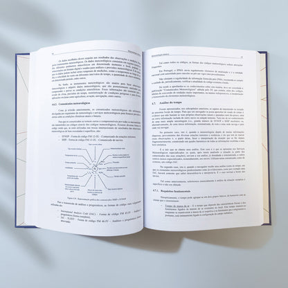 Vista do livro Manual de Navegação Vol I aberto mostrando diagramas técnicos e páginas impressas.