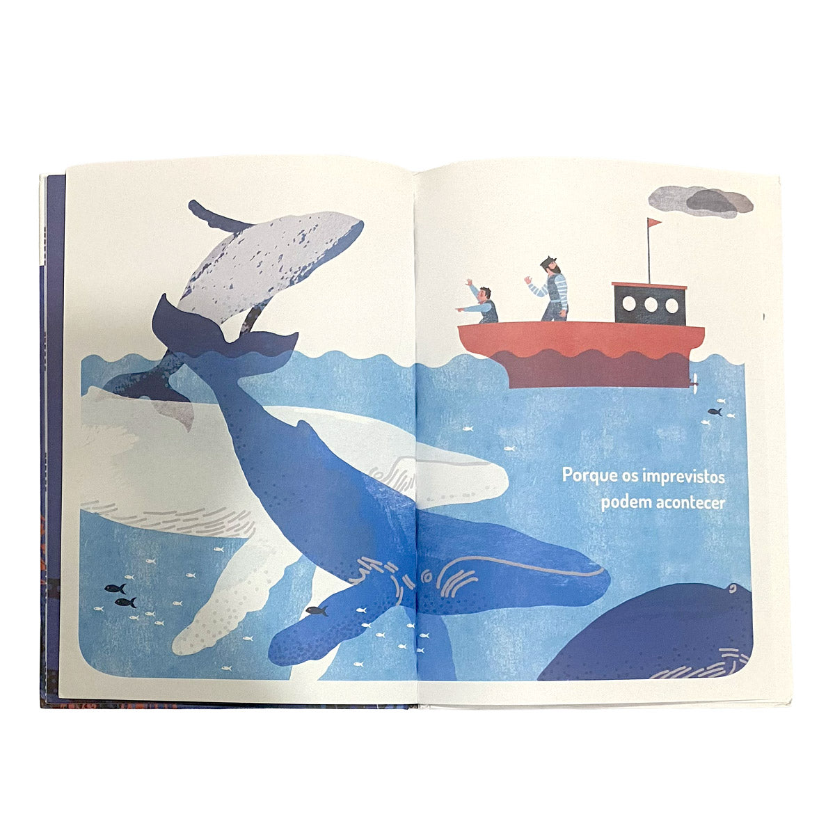 Páginas ilustradas do livro infantil Pequeno Manual de Navegação mostrando uma baleia no mar.