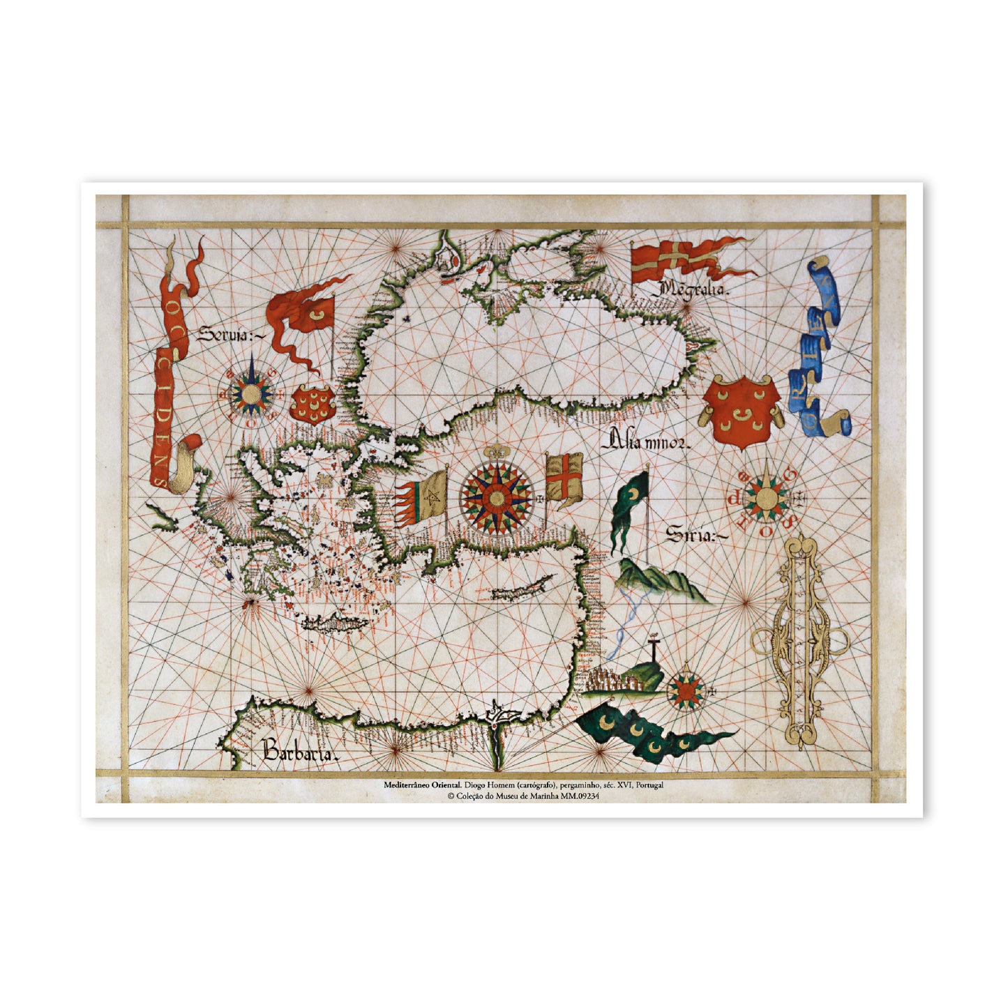 Réplica da carta náutica portulana do Mediterrâneo Oriental do século XVI, de Diogo Homem. Reprodução oficial do acervo do Museu de Marinha.
