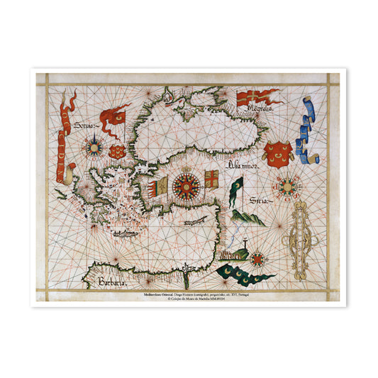 Réplica da carta náutica portulana do Mediterrâneo Oriental do século XVI, de Diogo Homem. Reprodução oficial do acervo do Museu de Marinha.