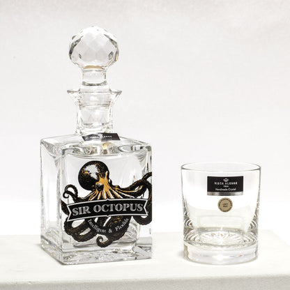 Frasco e copo de whisky em cristal lapidado coleção Sirs of the Sea Sir Octopus.