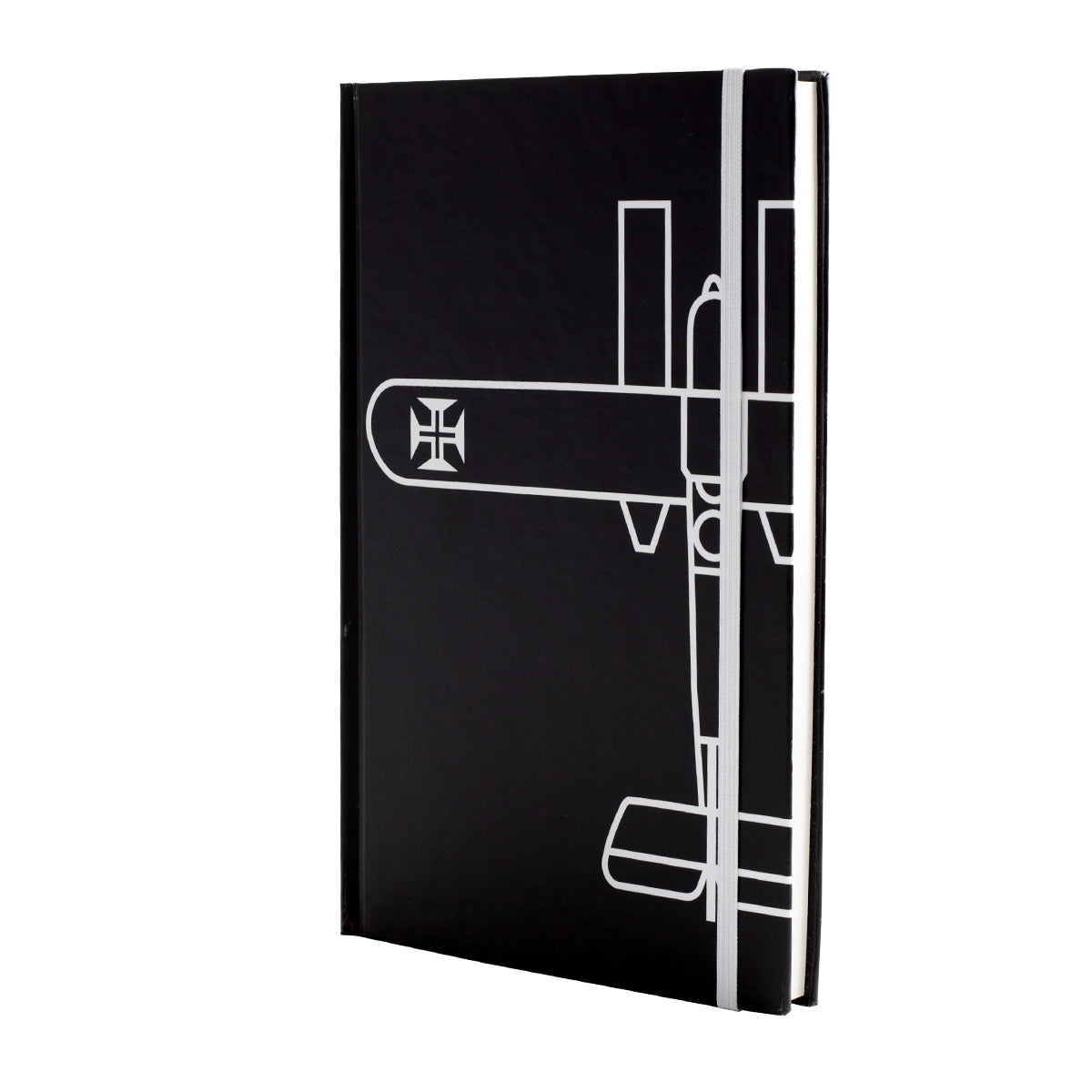 Caderno de capa dura preta tamanho A5 com desenho minimalista em linhas brancas do Hidroavião Santa Cruz de Gago Coutinho e elástico de fecho vertical branco.