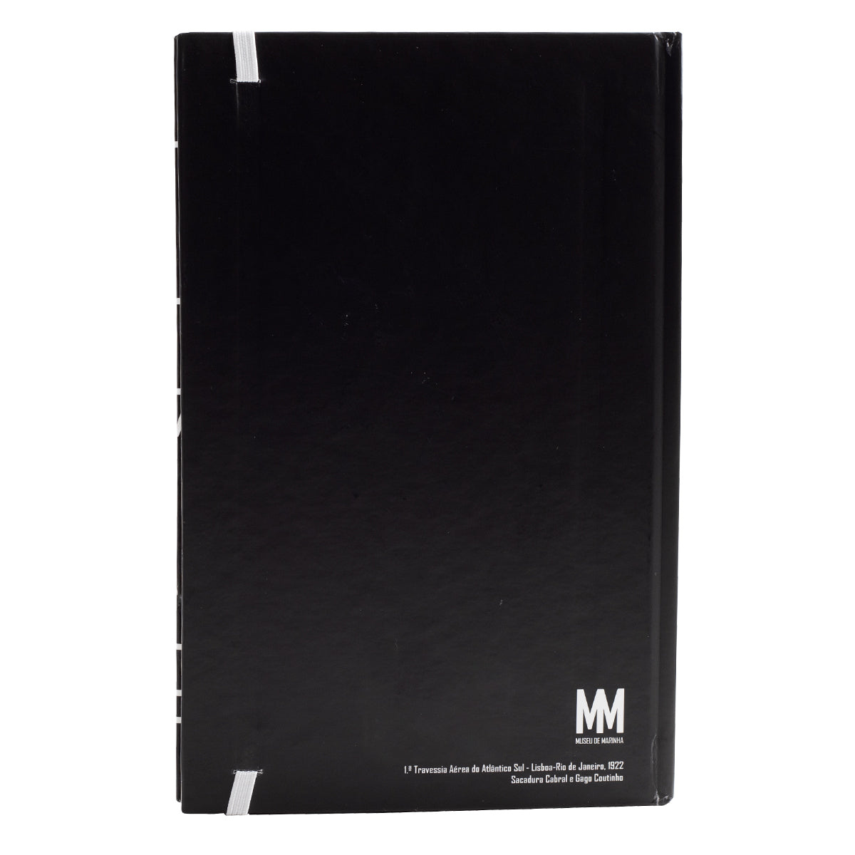 Caderno de capa dura preta tamanho A5 com desenho minimalista em linhas brancas do Hidroavião Santa Cruz de Gago Coutinho e elástico de fecho vertical branco.