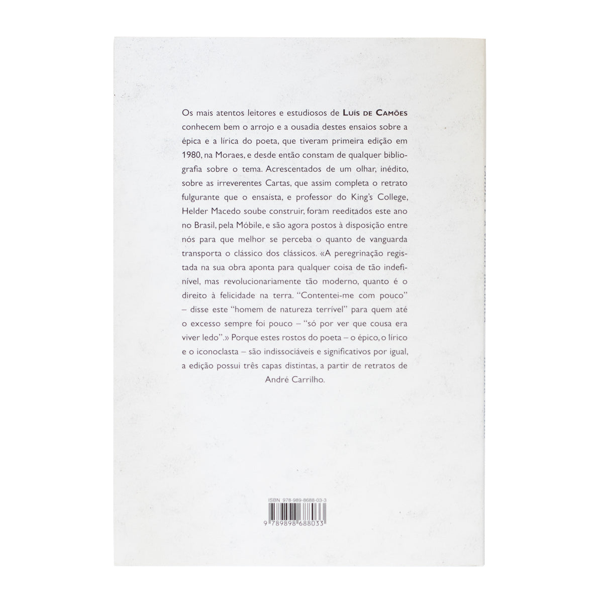 Contracapa do livro "Camões e a Viagem Iniciática" exibindo a sinopse detalhada da obra impressa em fundo branco límpido.