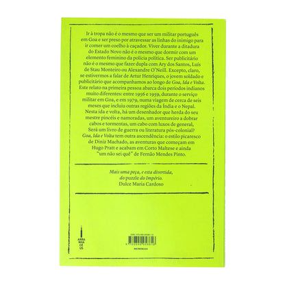 Contracapa do livro "Goa Ida e Volta" em fundo verde-alface brilhante, exibindo a sinopse da obra e o logótipo da editora.