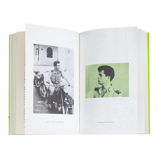 Páginas internas abertas do livro mostrando uma fotografia a preto e branco de época e ilustrações/retratos do autor.